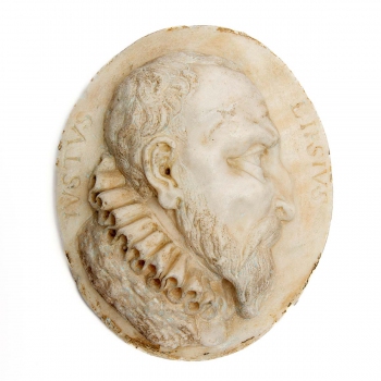 An oval carved marble profile portrait relief of Justus Lipsius (1547-1606)