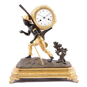 A French ormolu and patinated bronze 'portefaix' bon sauvage mantel clock