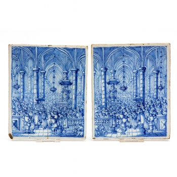 Two Delft blue and white plaques of a church interior dated 1684