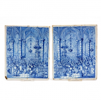 Twee Delftsblauw en -witte platen met een kerkinterieur, 1684