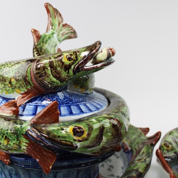 A pair of Delft pottery polychrome fish tureens 'snoeck terrines'